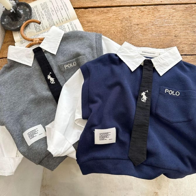 刺绣Polo领带长袖上衣-(大童）