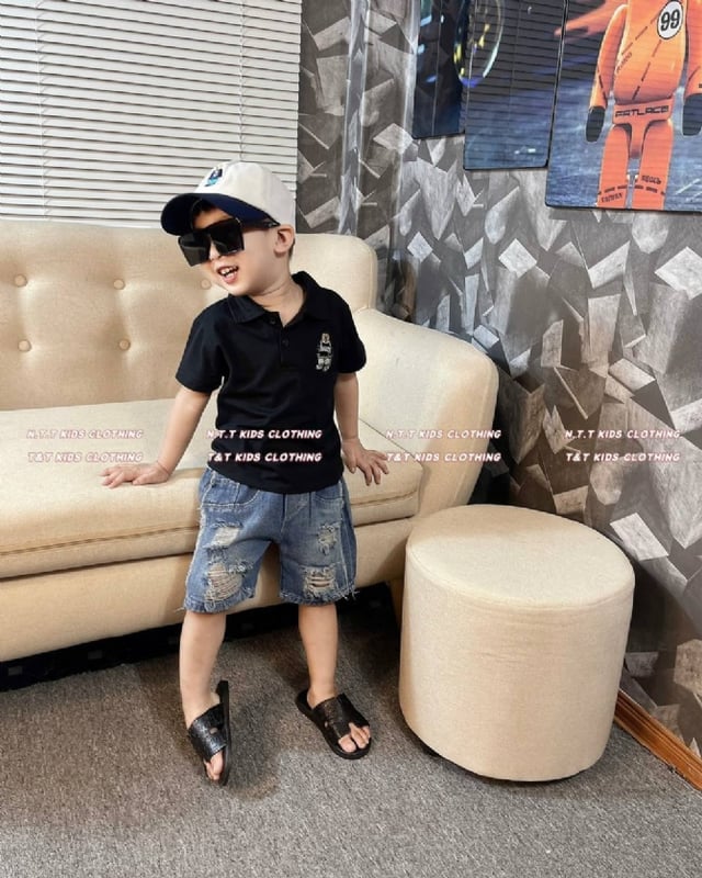刺绣小熊Polo套装-黑色