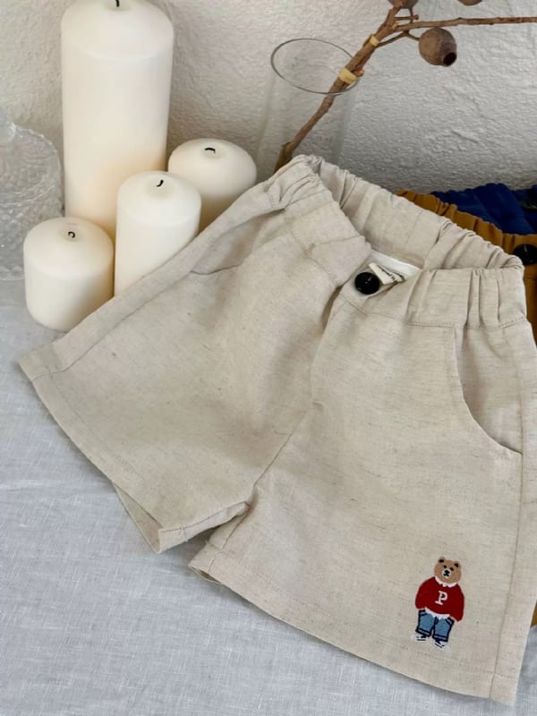 刺绣小熊棉质短裤-杏灰色-大童