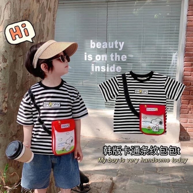 史努比立体包包条纹上衣📌顏色：黑白