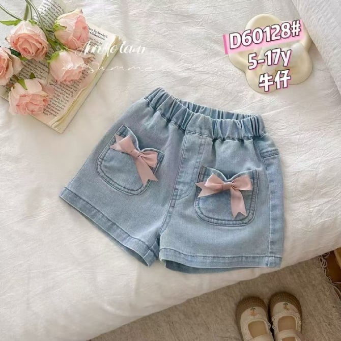 口袋蝴蝶结牛仔短裤-牛仔蓝