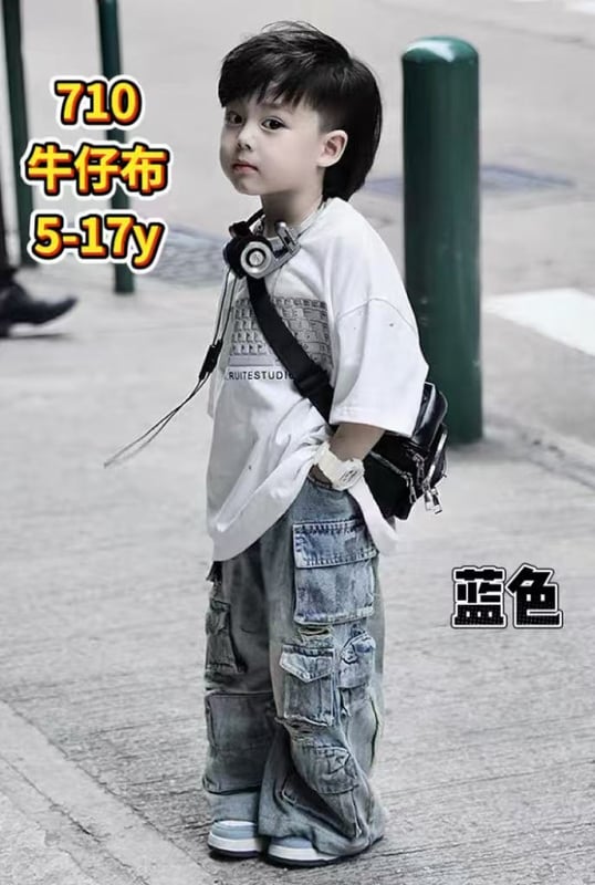 多口袋牛仔长裤-牛仔蓝