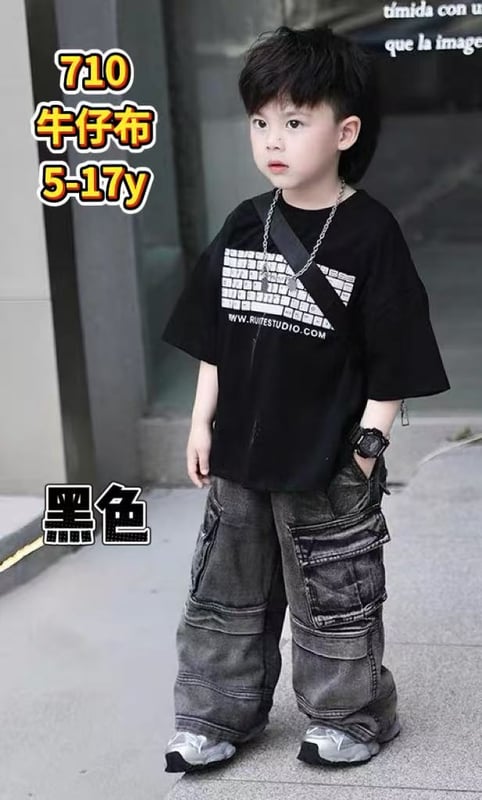 多口袋牛仔长裤-黑色